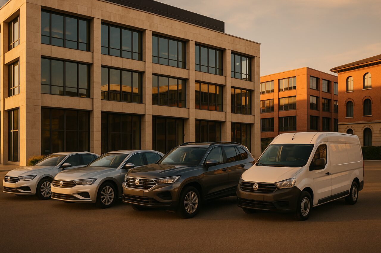 Flotta aziendale in noleggio a lungo termine parcheggiata davanti a un edificio per uffici in Italia
