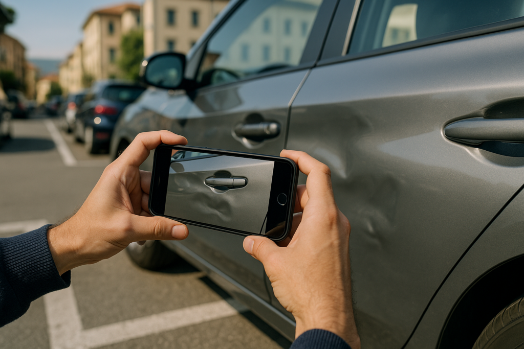 Persona che fotografa i danni all'auto a noleggio dopo un incidente per la gestione del sinistro