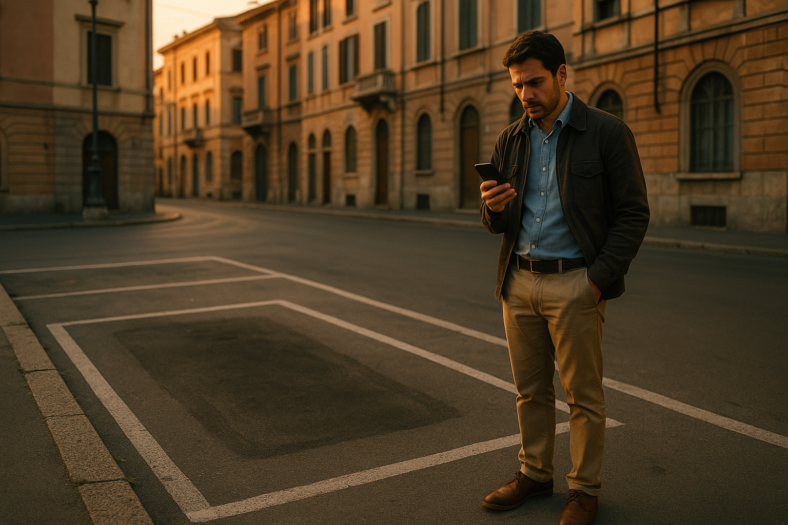 Uomo preoccupato di fronte a un posto auto vuoto dopo il furto dell'auto a noleggio a lungo termine in Italia