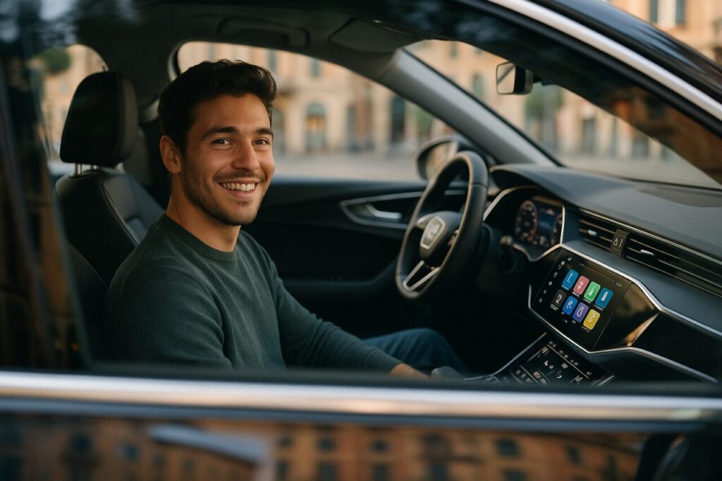 Giovane uomo al volante di un'auto nuova con tecnologia avanzata grazie al noleggio a lungo termine