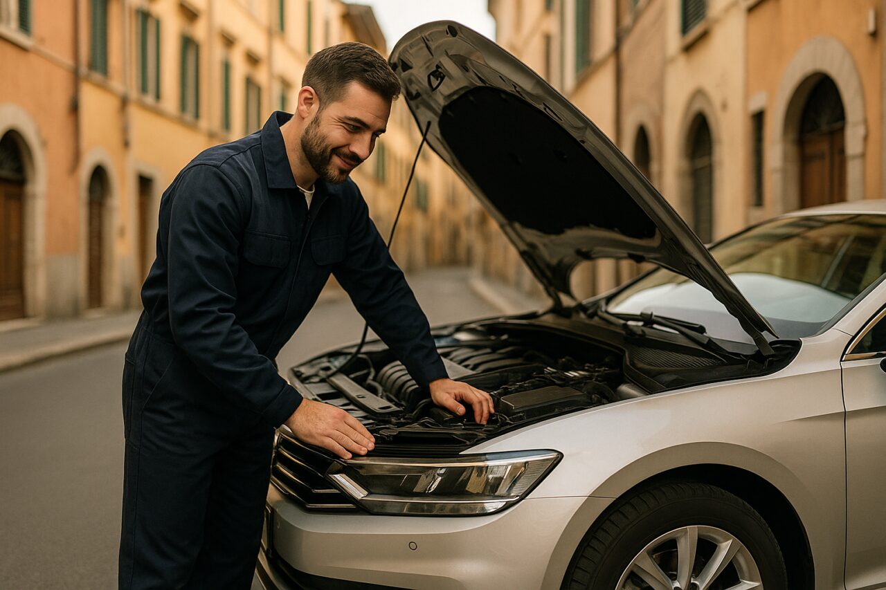 Meccanico che ispeziona il motore di un'auto moderna in una strada italiana - guasti meccanici auto e noleggio a lungo termine