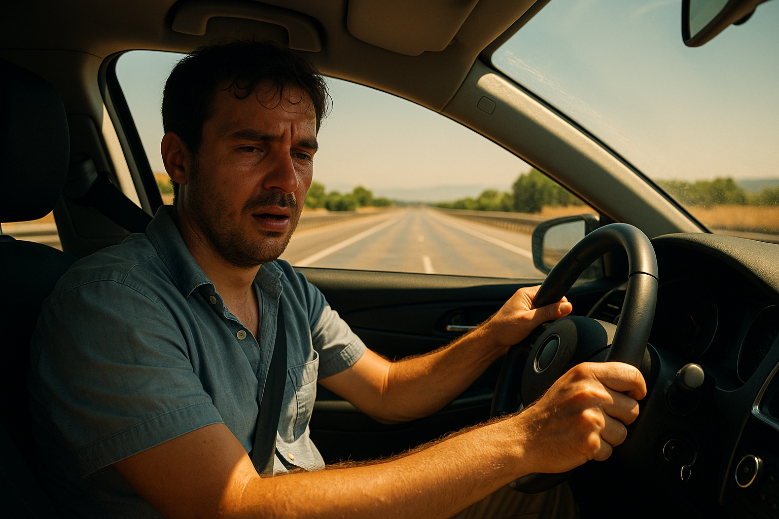 Guidatore italiano stanco per il caldo estremo alla guida su autostrada in estate