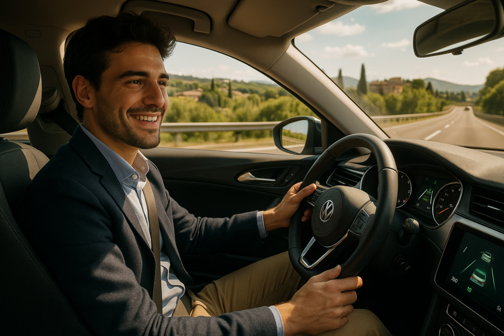 Guidatore rilassato con cruise control adattivo ADAS attivo durante noleggio a lungo termine