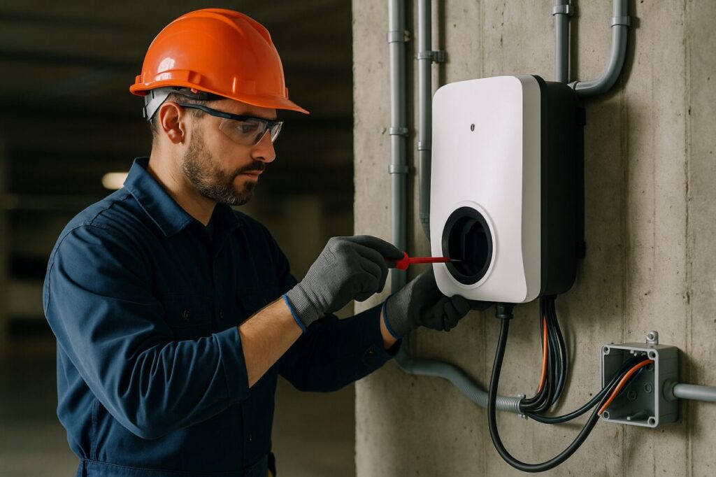 Elettricista certificato che installa una wallbox per auto elettrica in un parcheggio condominiale in Italia