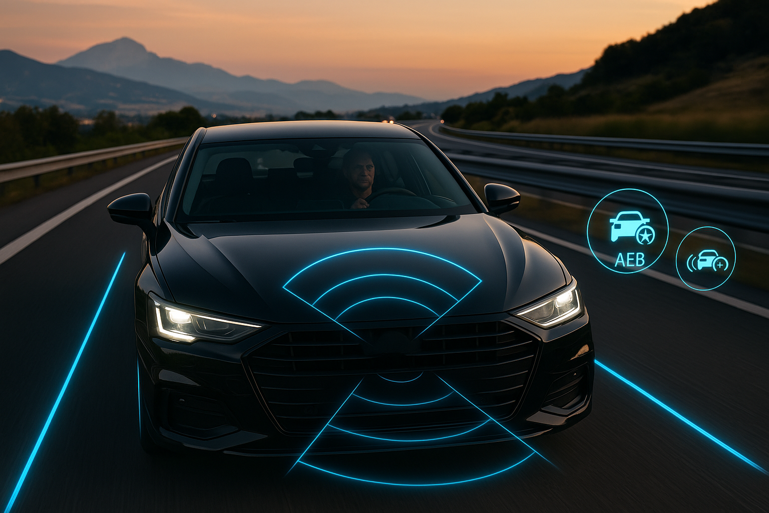 Auto moderna con sistemi di intelligenza artificiale ADAS attivi su autostrada italiana al tramonto