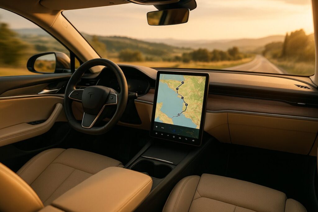 Interni di auto elettrica premium con navigatore e pianificazione soste di ricarica per viaggi lunghi