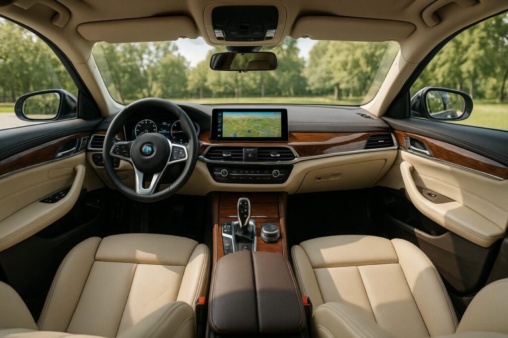 Interni di un'auto premium in noleggio a lungo termine con sedili in pelle e tecnologia avanzata
