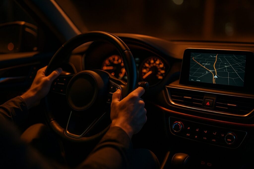 Interno di un'auto moderna in noleggio a lungo termine con sistema infotainment e navigatore attivo di notte