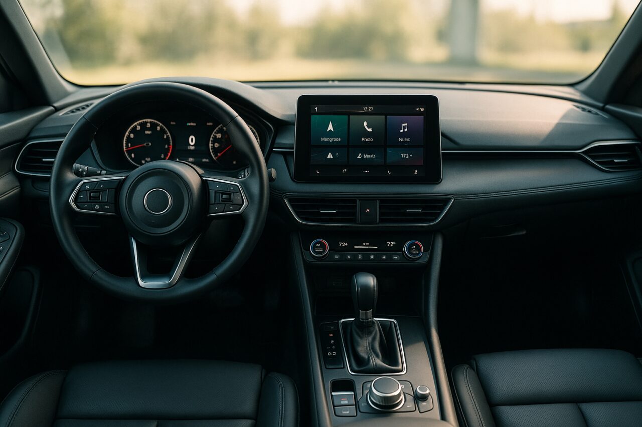 Interno moderno di un'auto a noleggio a lungo termine con tecnologie avanzate, display digitale e sistemi di infotainment personalizzabili