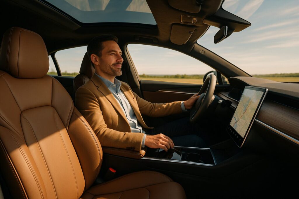 Interno spazioso e confortevole di un SUV elettrico a noleggio lungo termine ideale per lunghi viaggi