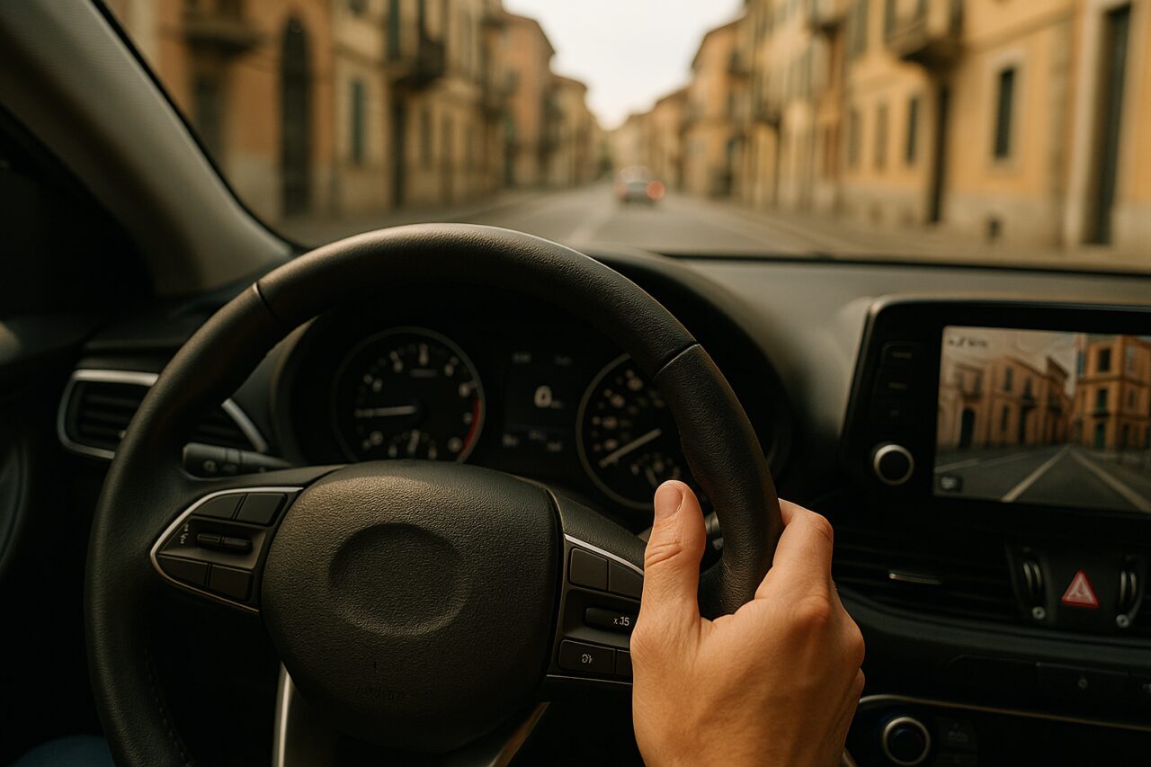 Mano del conducente che aziona le frecce o i fari su un'auto in Italia - uso corretto dei dispositivi di segnalazione