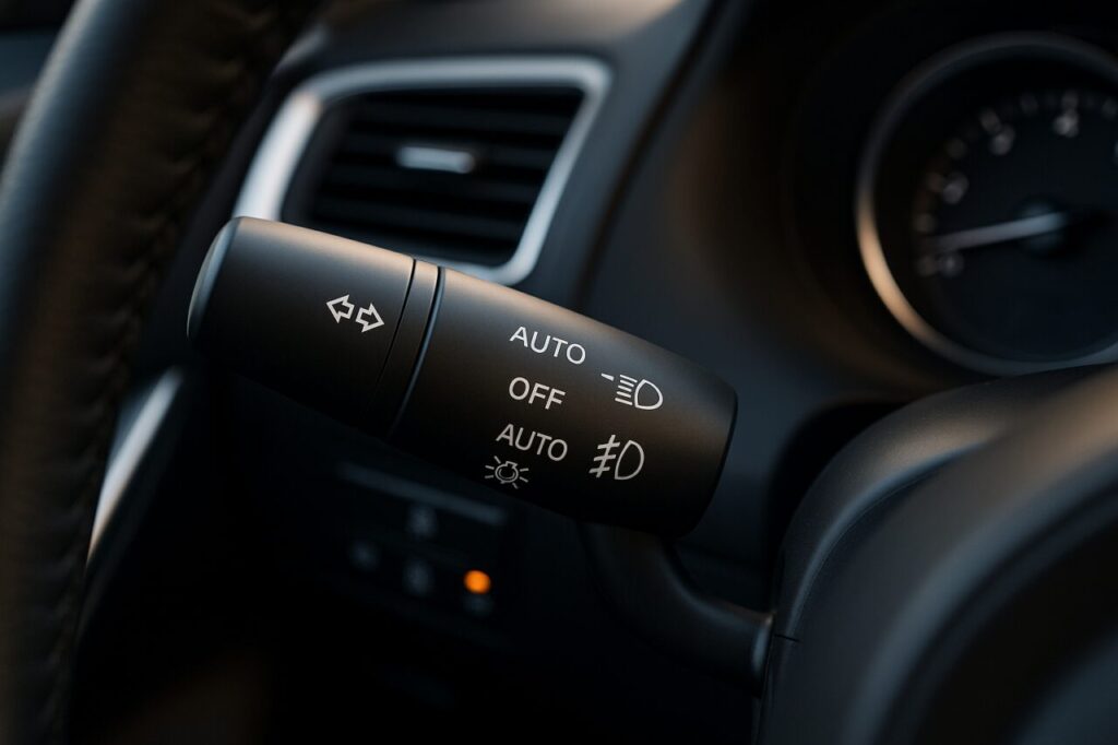 Dettaglio della leva degli indicatori di direzione e dei fari in un'auto moderna - uso corretto secondo il Codice della Strada