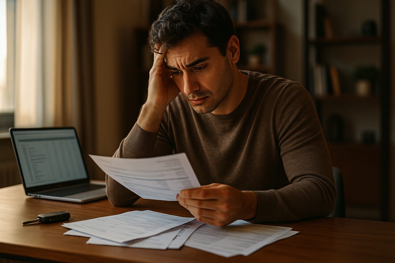 Uomo preoccupato alla scrivania con documenti finanziari e chiavi auto, mancato pagamento noleggio a lungo termine