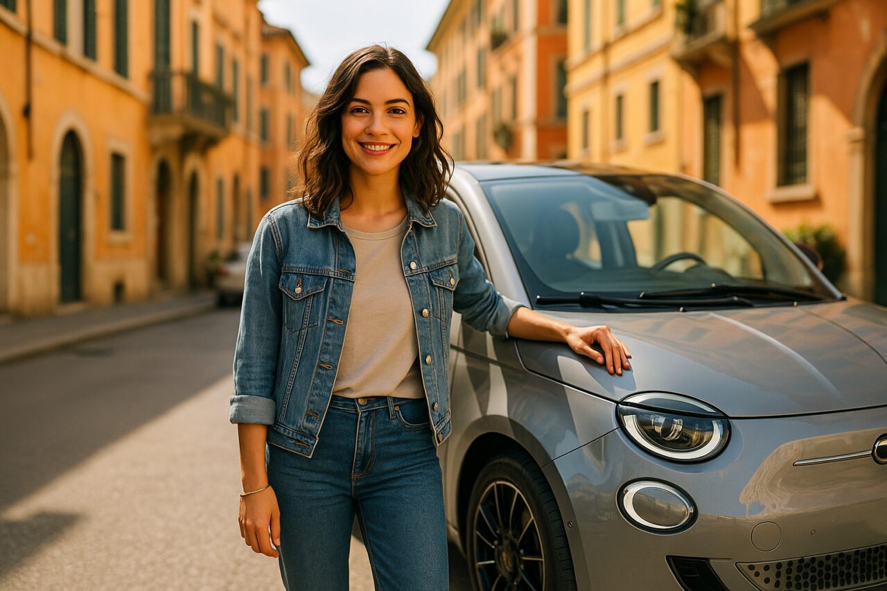 Giovane donna millennial sorridente accanto a un'auto elettrica moderna in noleggio a lungo termine in una città italiana