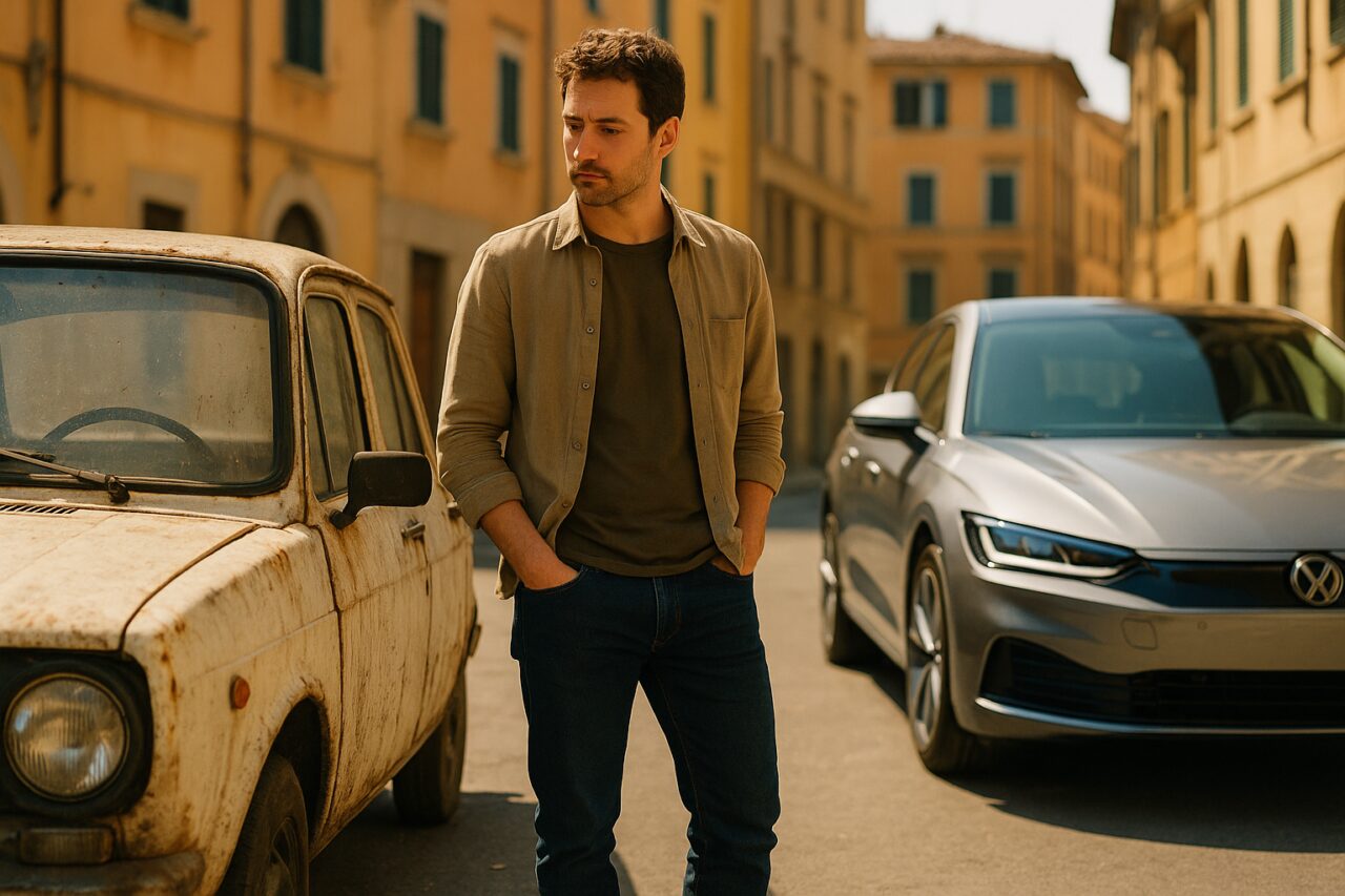 Uomo che considera di cambiare auto vecchia con auto nuova in noleggio a lungo termine in Italia