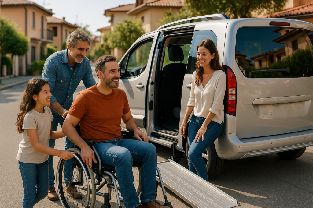 Famiglia italiana con persona disabile che accede a monovolume adattato con rampa elettrica in noleggio lungo termine