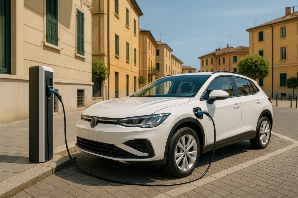 Auto elettrica o ibrida in noleggio flessibile sotto carica in città italiana