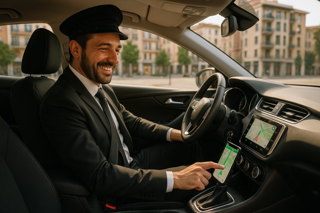 Guidatore soddisfatto in auto a noleggio a lungo termine con app per il traffico attiva sul cruscotto