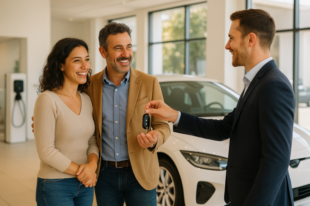 Noleggio a lungo termine auto elettrica, coppia italiana in concessionaria