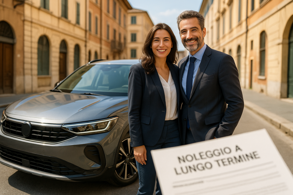 Coppia italiana con SUV moderno in noleggio a lungo termine con tecnologie di sicurezza IA incluse