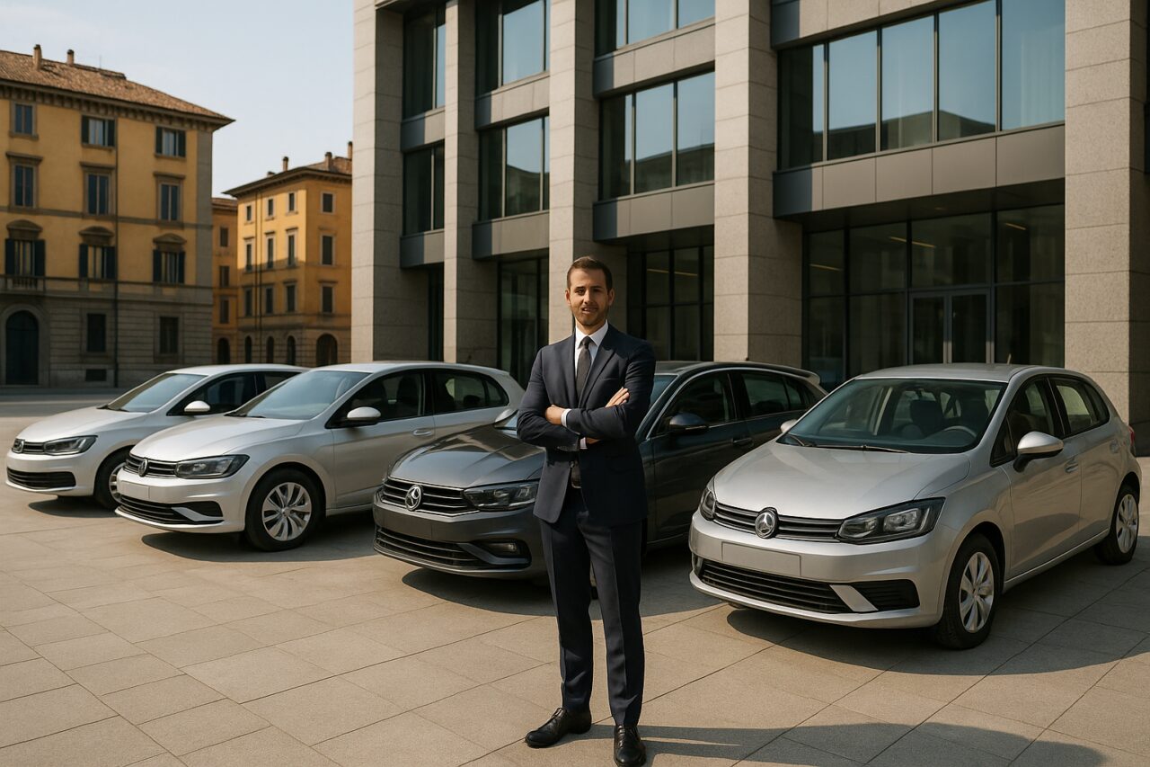 Errori comuni nel noleggio a lungo termine aziendale: flotta di auto aziendali parcheggiate davanti a un ufficio in Italia