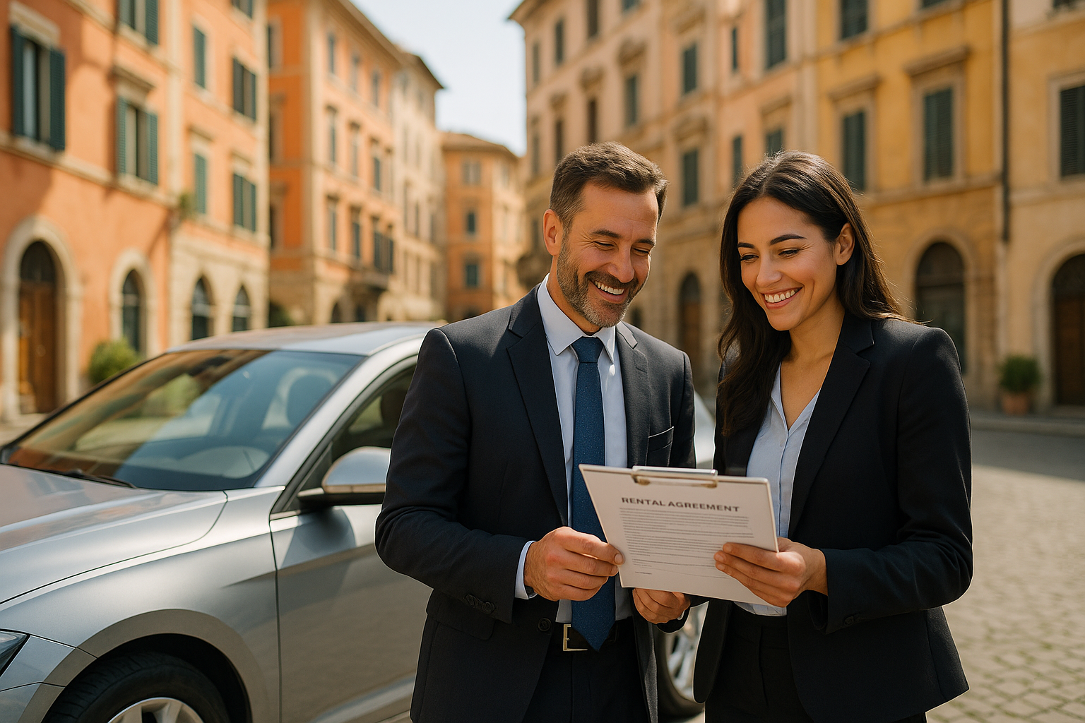 Due persone che condividono un contratto di noleggio a lungo termine accanto a un'auto moderna in Italia