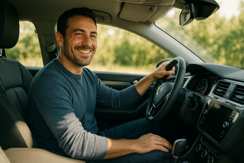 Conducente soddisfatto al volante di un'auto a noleggio a lungo termine senza pensieri di manutenzione
