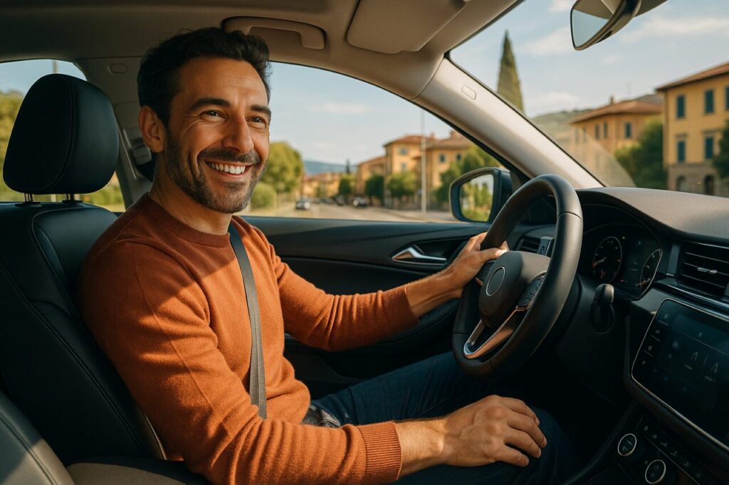 Guidatore sereno in auto a noleggio lungo termine con manutenzione inclusa in Italia
