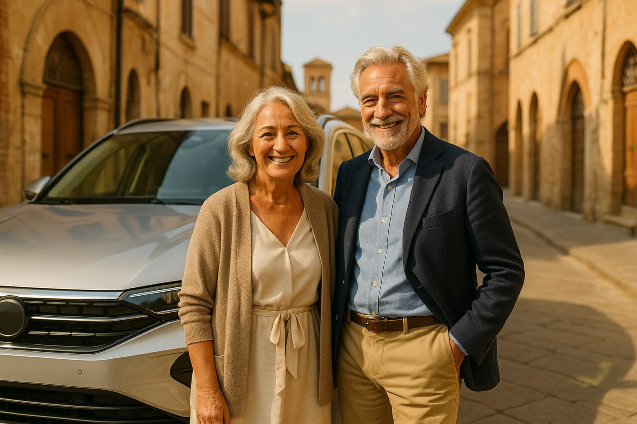 Coppia over 65 sorridente accanto a un'auto nuova a noleggio lungo termine in Italia