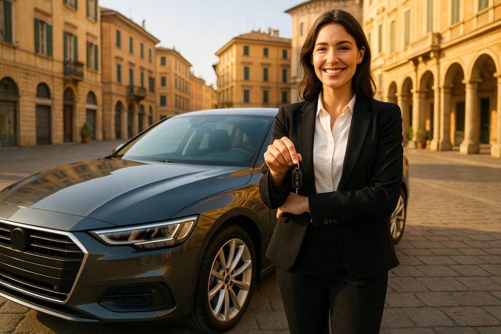 Donna sorridente accanto ad auto a noleggio lungo termine senza anticipo con canone fisso mensile