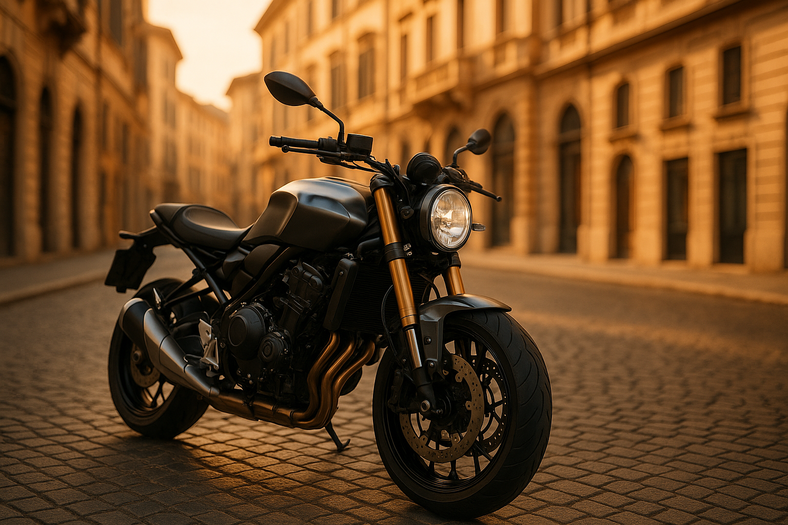 Noleggio moto a lungo termine in Italia - moto moderna parcheggiata in una via italiana