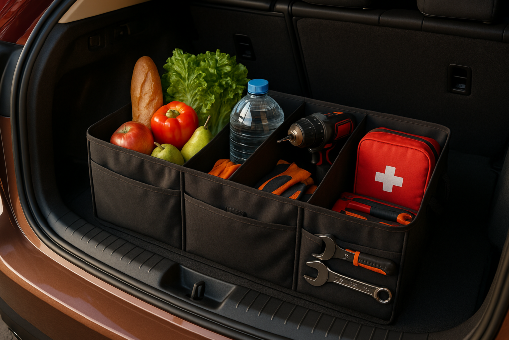 Organizer rigido per bagagliaio auto con scomparti per alimentari, attrezzi e kit di pronto soccorso
