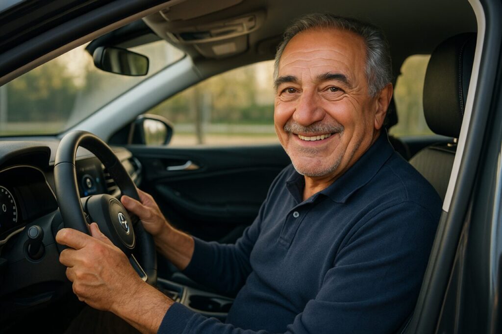 Uomo over 65 al volante di un'auto moderna con sistemi di assistenza alla guida in noleggio lungo termine