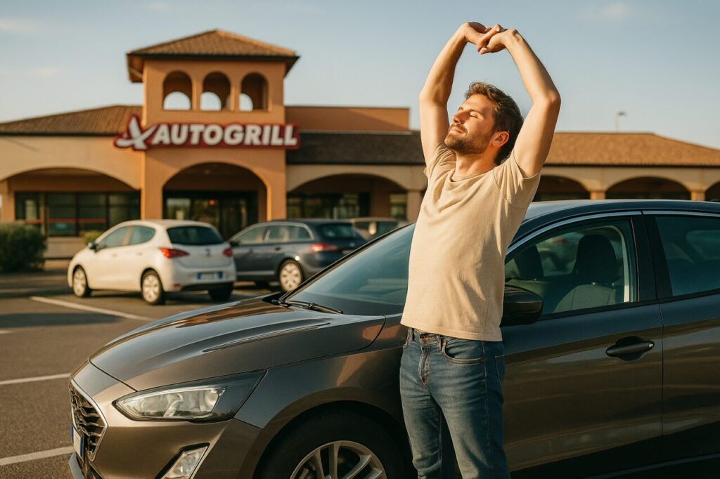 Conducente che fa una pausa in autogrill durante un viaggio lungo, prevenzione sonnolenza alla guida