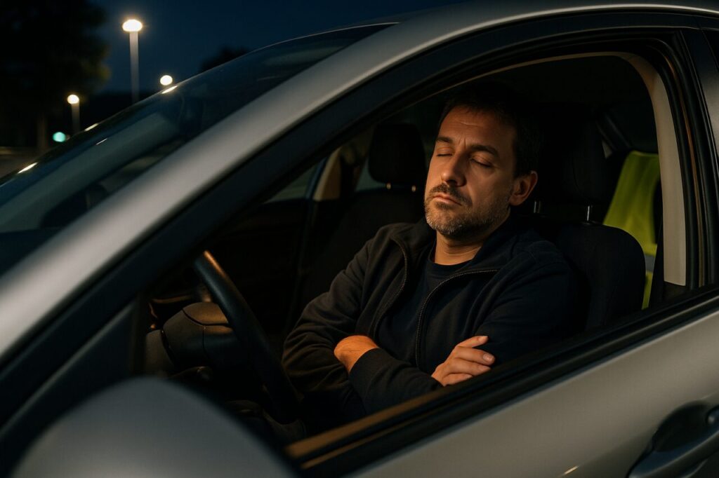 Conducente che si ferma in un'area di sosta di notte per combattere la stanchezza alla guida in sicurezza