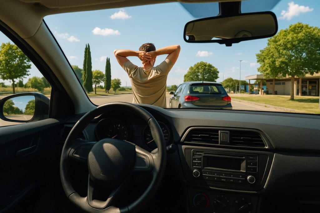 Pausa durante guida lunga: autista che fa stretching accanto all'auto in area di sosta per proteggere la salute posturale