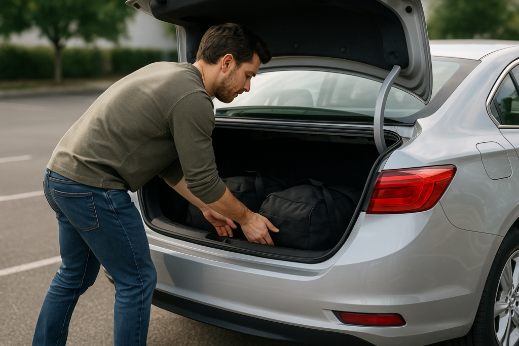 Distribuzione corretta del peso nel bagagliaio auto con oggetti pesanti in basso vicino ai sedili posteriori