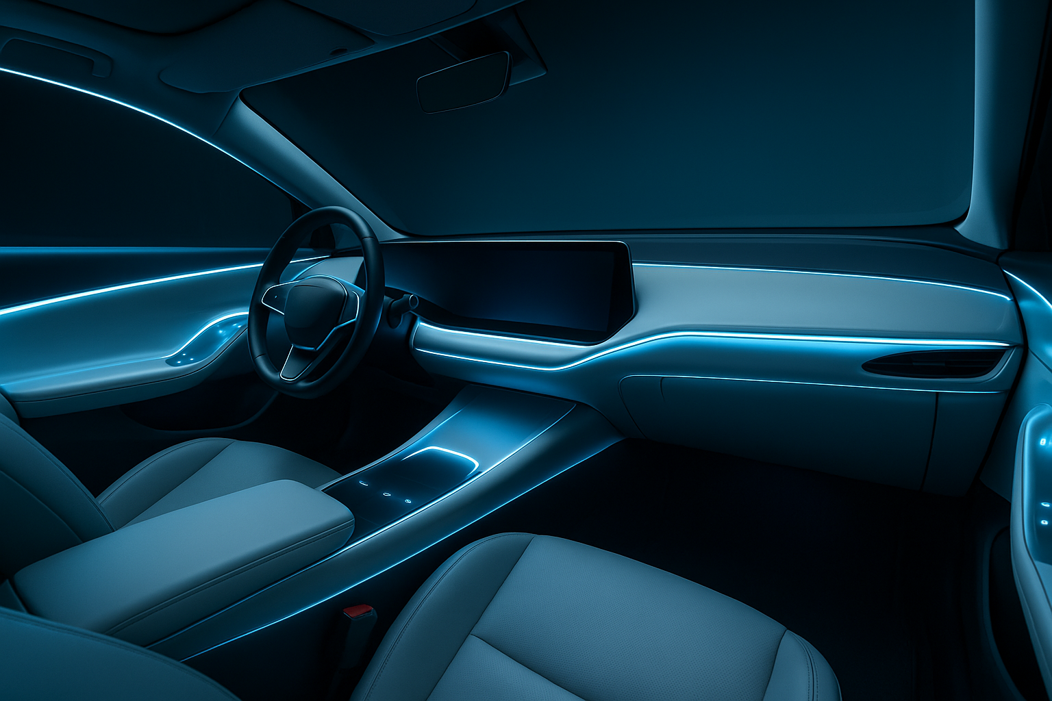 Interni futuristici di un'auto con tecnologia plastrónica: pannelli luminosi integrati e superfici touch senza pulsanti