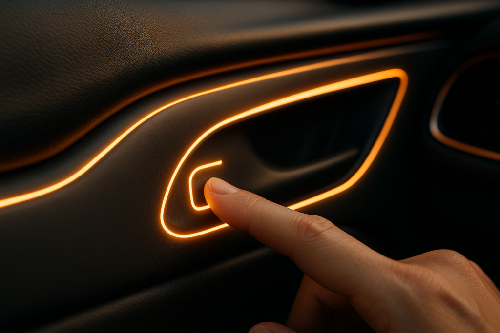 Pannello portiera con plastrónica: LED integrati e controlli touch capacitivi senza pulsanti visibili