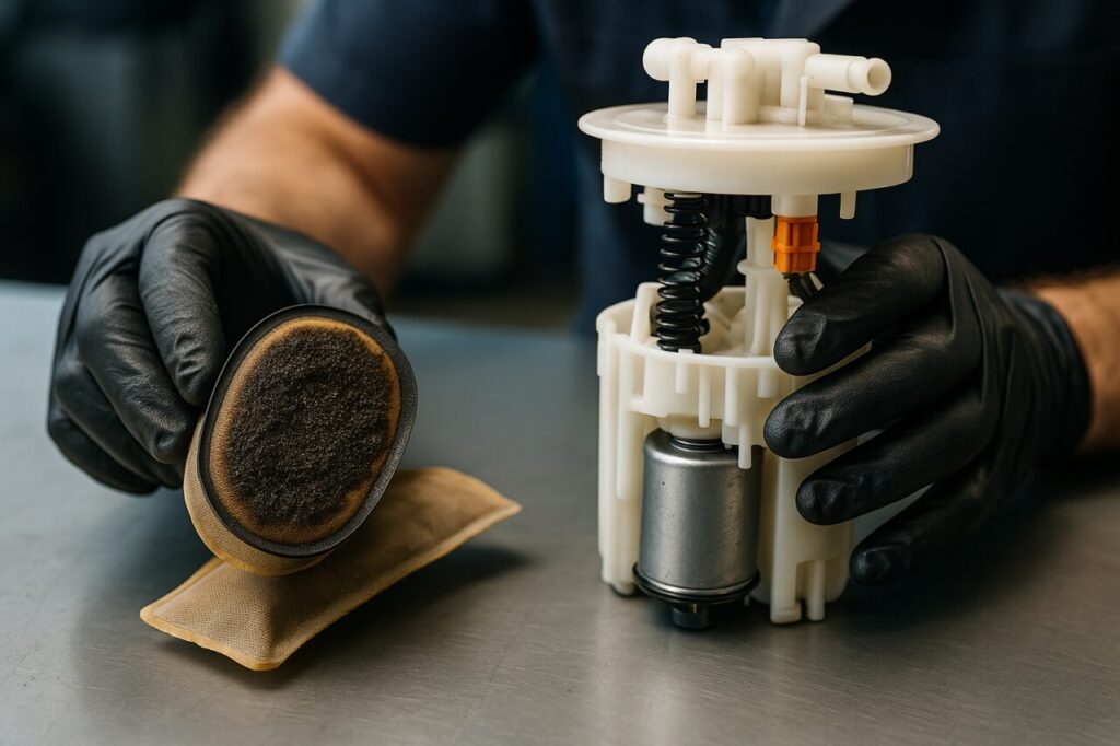 Pompa del carburante e filtro intasato da sedimenti su banco officina meccanica