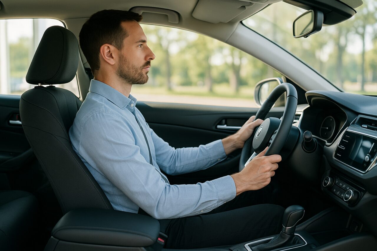 Postura corretta al volante: uomo con schiena dritta, spalle rilassate e mani in posizione corretta su un volante di auto moderna