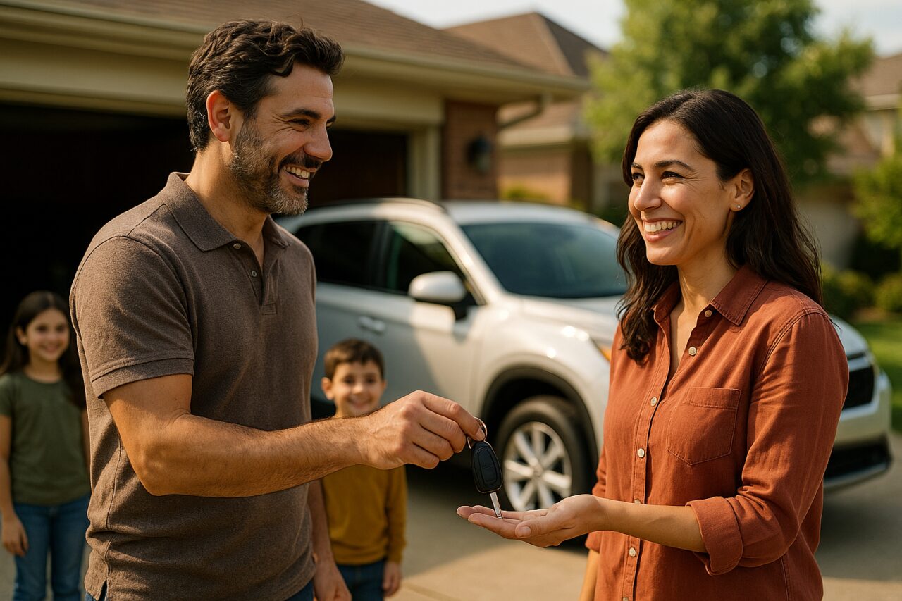 Famiglia italiana che si scambia le chiavi di un'auto a noleggio a lungo termine davanti a un SUV moderno