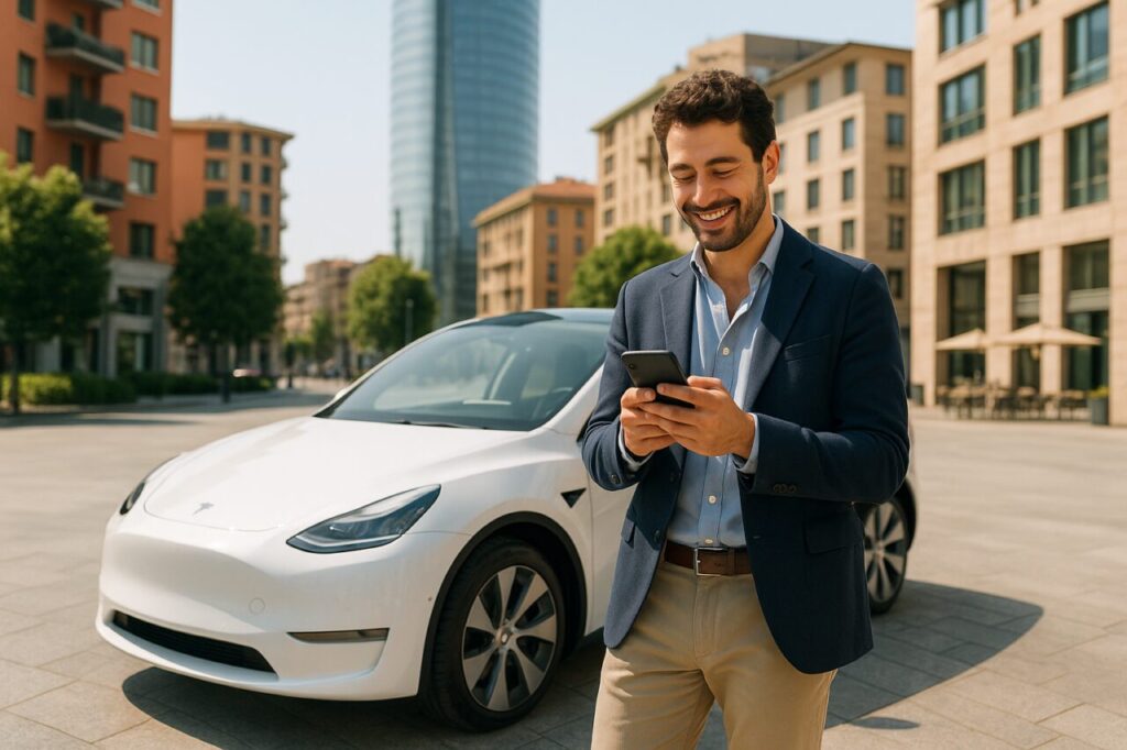 Professionista italiano con auto elettrica con IA presa a noleggio lungo termine senza anticipo