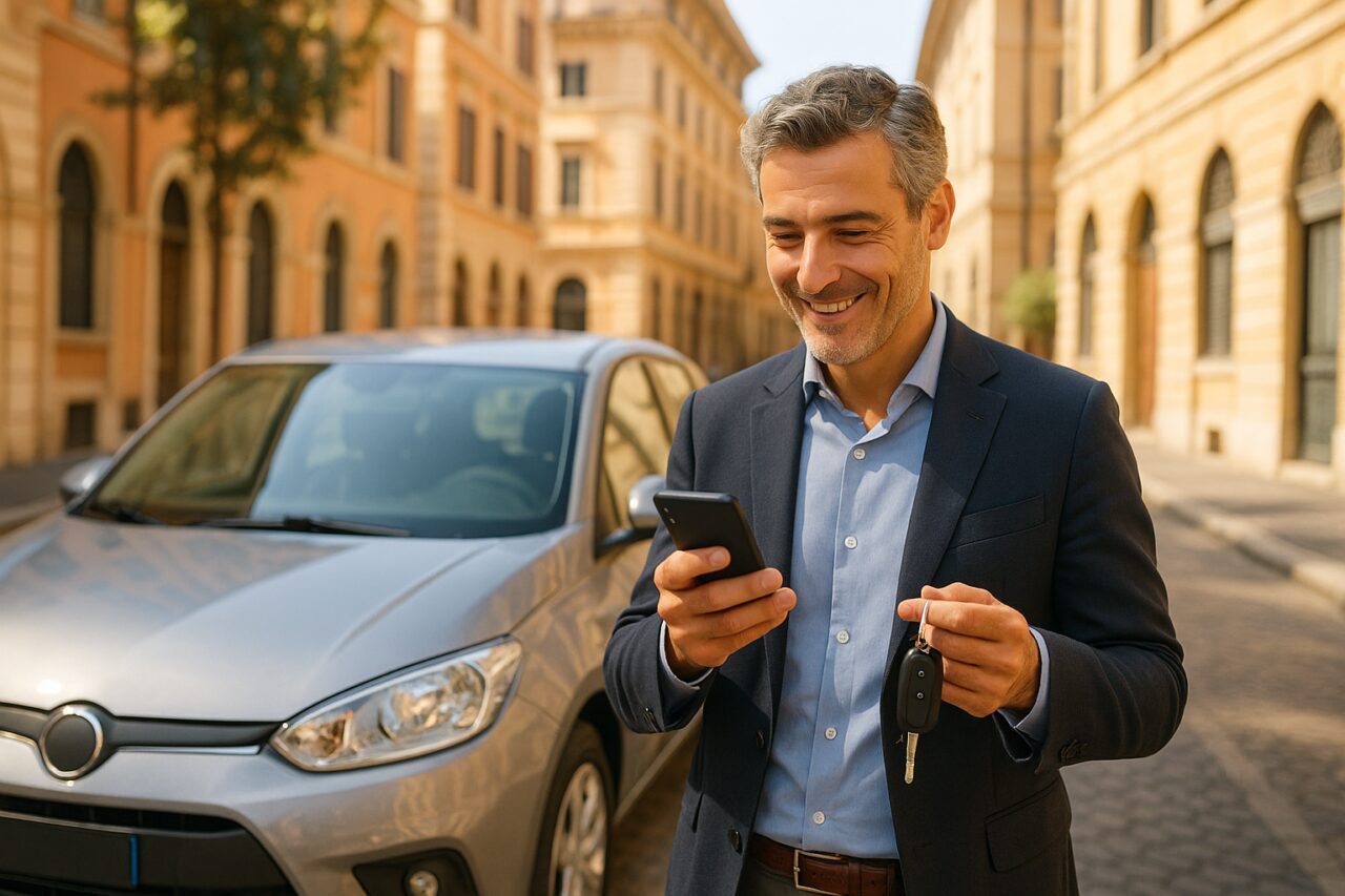 Uomo italiano che gestisce la proroga del contratto di noleggio a lungo termine accanto alla sua auto in città