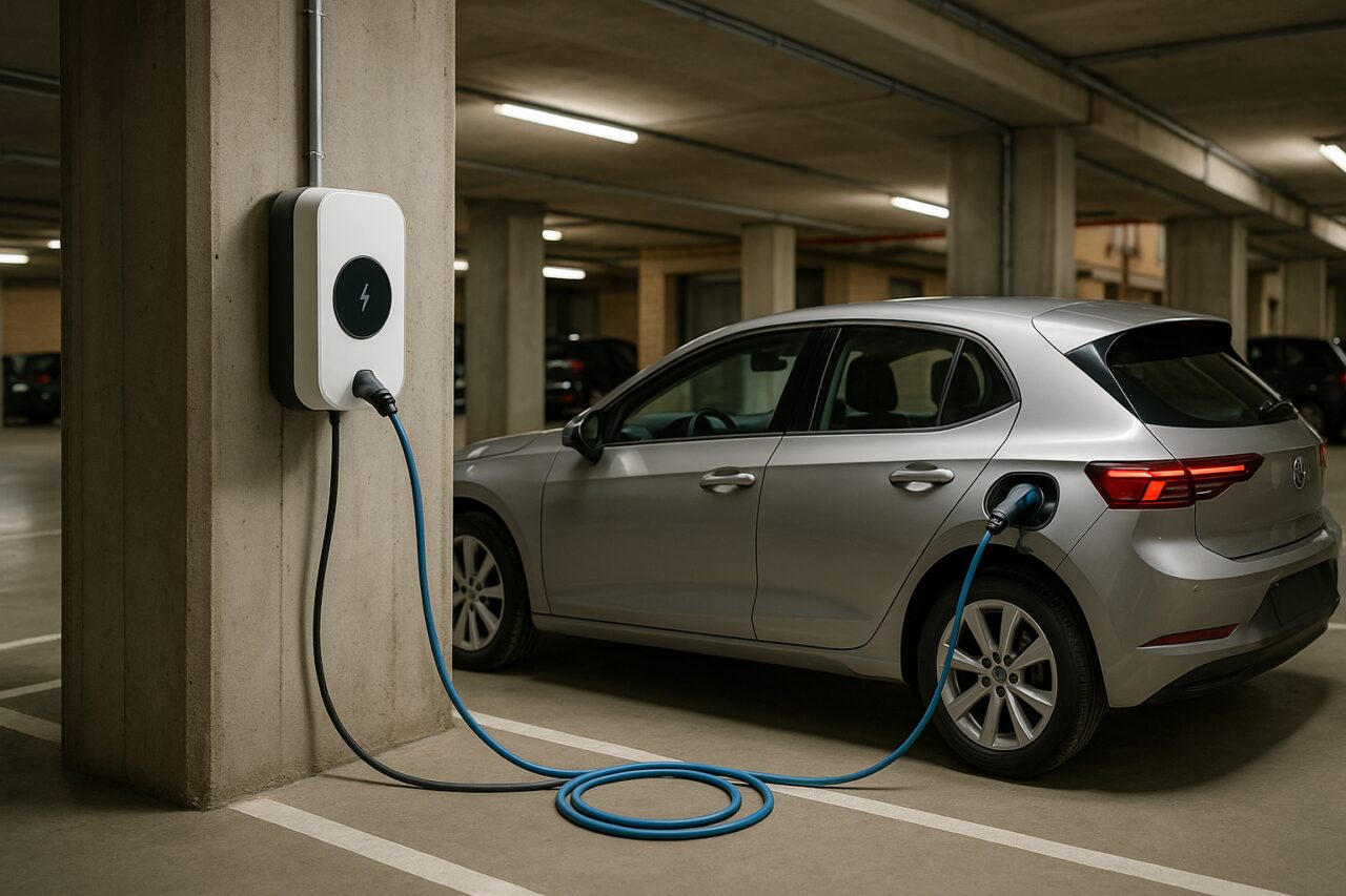 Punto di ricarica wallbox installato in un garage condominiale italiano con auto elettrica in ricarica