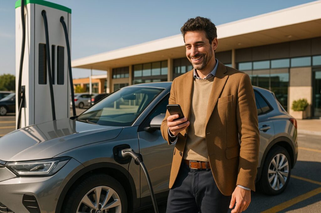 Professionista italiano in ricarica rapida con SUV elettrico in noleggio a lungo termine in autostrada