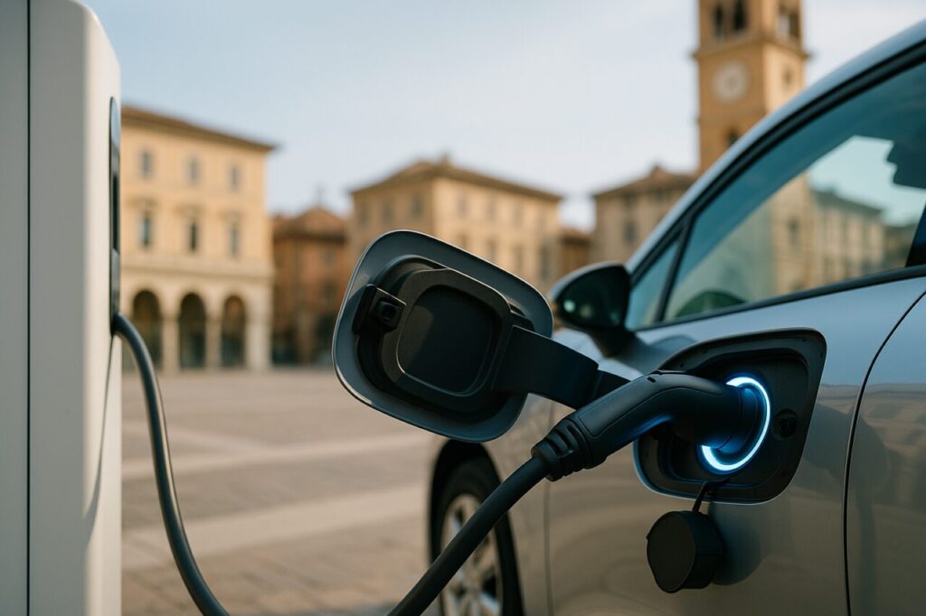 Veicolo elettrico EV in ricarica presso colonnina pubblica in Italia per noleggio a lungo termine