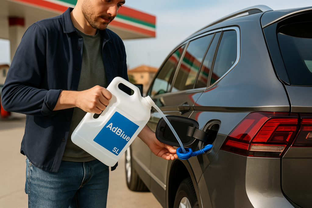 Rifornimento di AdBlue da tanica in un SUV diesel presso una stazione di servizio in Italia