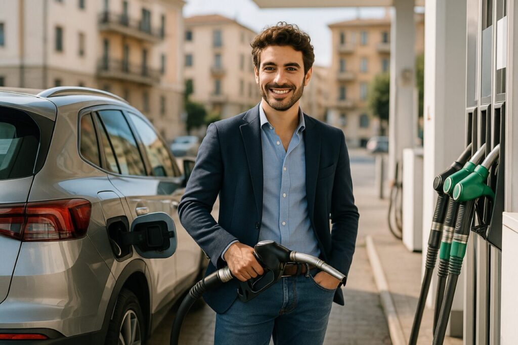 Uomo che fa rifornimento di carburante a un SUV moderno in un distributore italiano