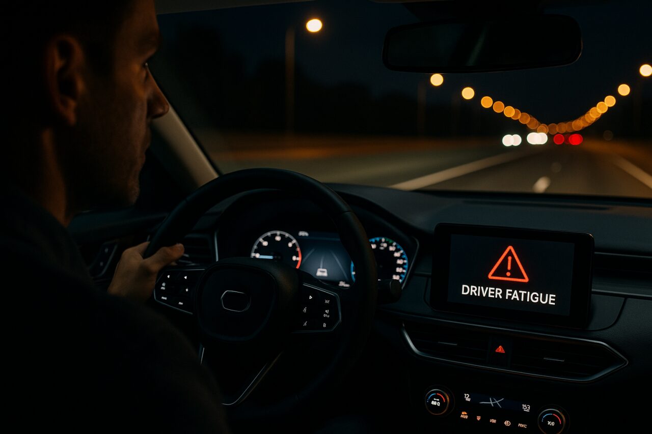 Interfaccia di sicurezza avanzata nel veicolo con sistema di rilevamento della stanchezza del conducente attivo sul display digitale durante la guida notturna in autostrada